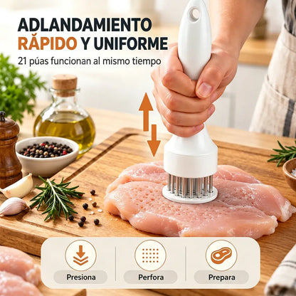 21 tűs, rozsdamentes acél húspuhító; ideális steakhez, barbecue-hoz és egyéb ételek elkészítéséhez.