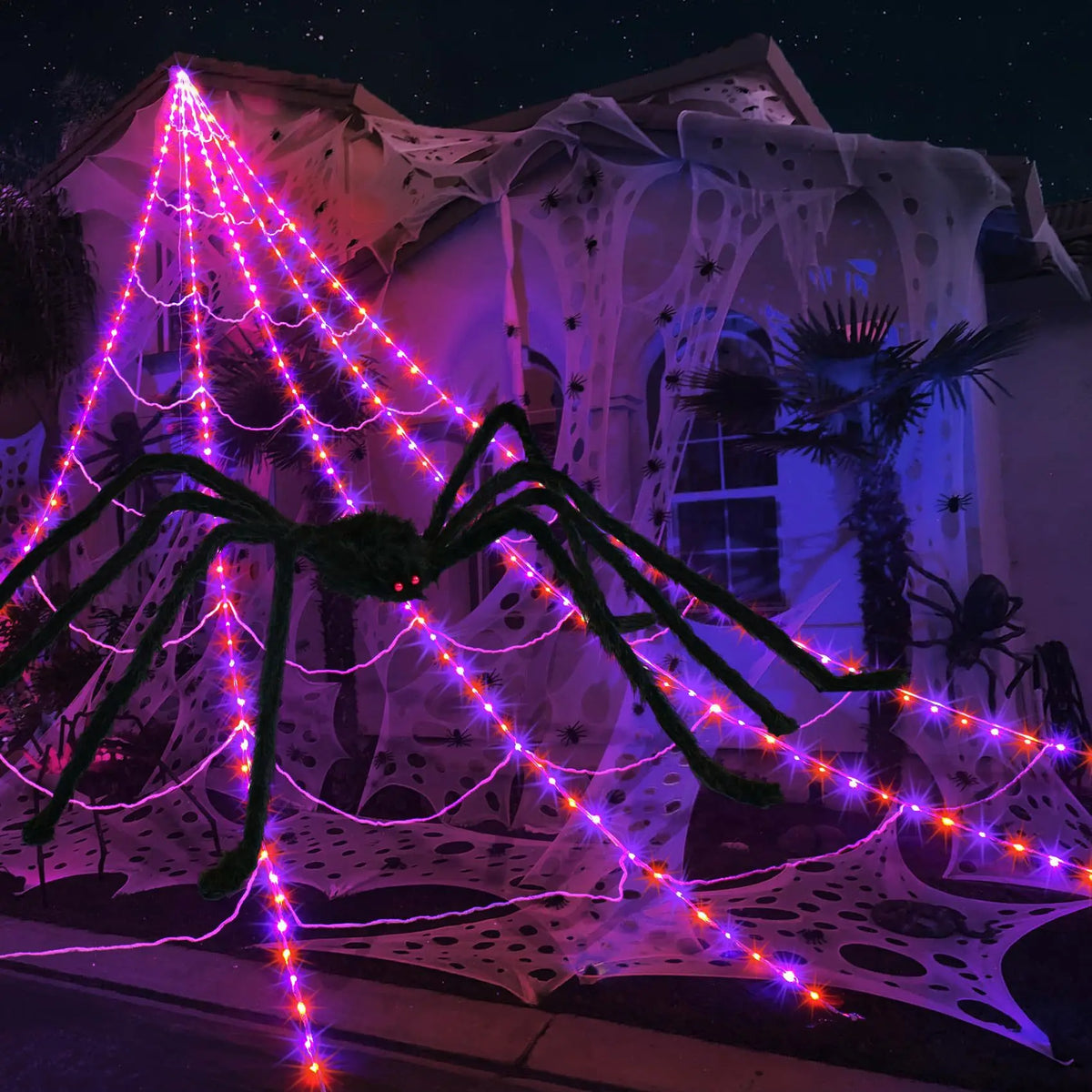 Halloween LED pókháló fények és óriás fekete pók dekoráció | 250 LED, 8 üzemmód, távirányító mellékelve