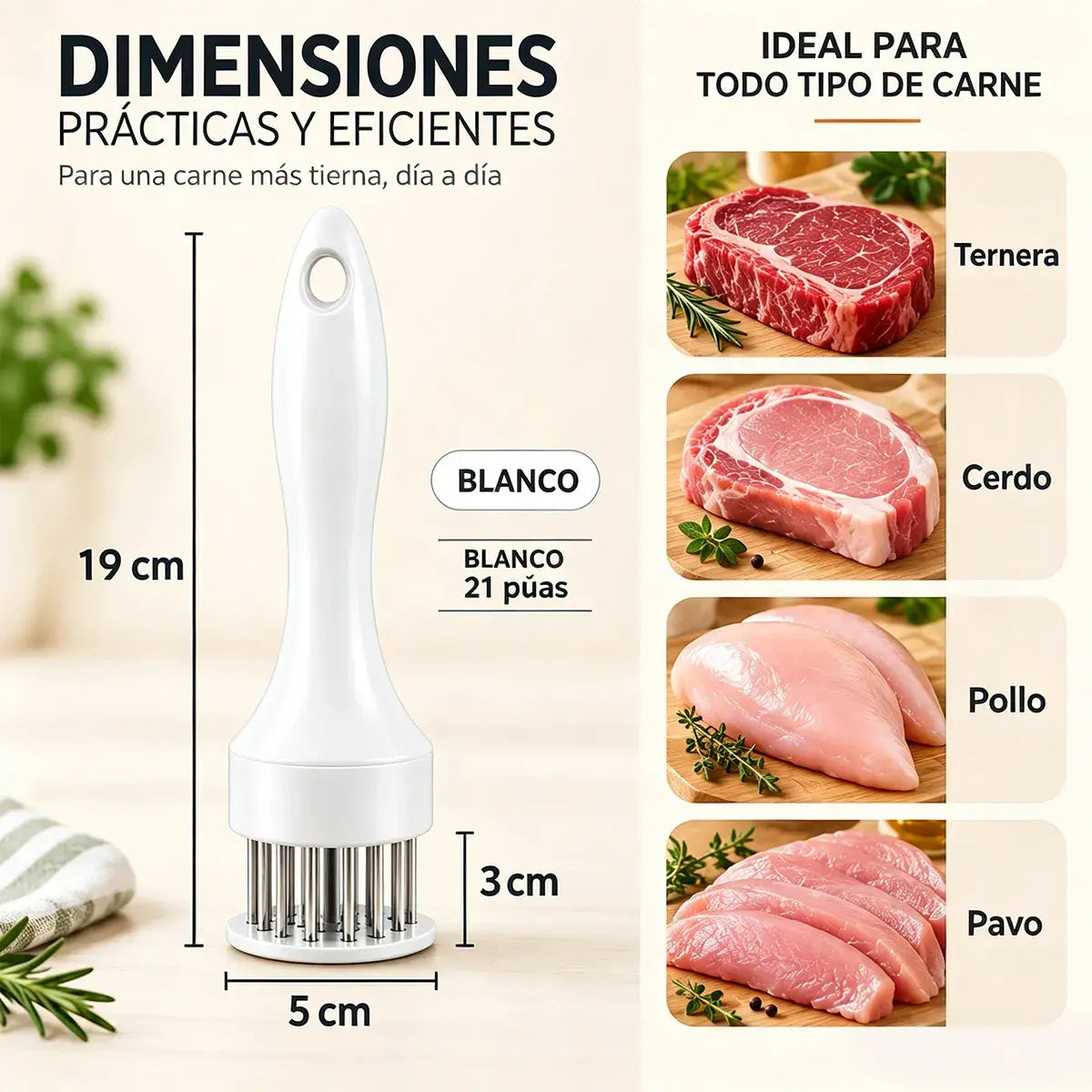 21 tűs, rozsdamentes acél húspuhító; ideális steakhez, barbecue-hoz és egyéb ételek elkészítéséhez.