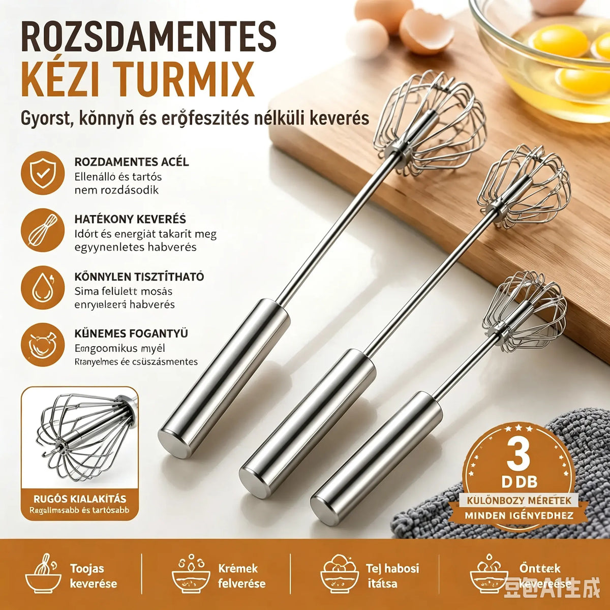 【10-12-14 hüvelyk】 3 részes készlet – Rozsdamentes acél félautomata tojáshabverő