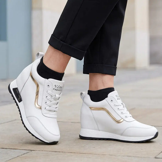 👠Női platform tornacipők rejtett ékkel - koreai stílusú bőr hétköznapi cipők - vastag talpú, kényelmes sportcipők
