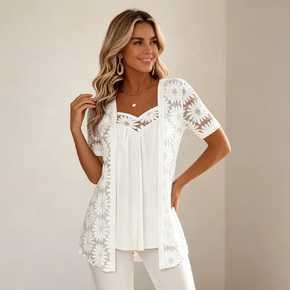 【S-4XL】Egy elegáns, két az egyben ing, amely csipkét és hálós anyagot ötvöz – karcsúsító és pocakot támasztó dizájnnal, 5 színben és S-től 4XL-es méretig! 🌸✨