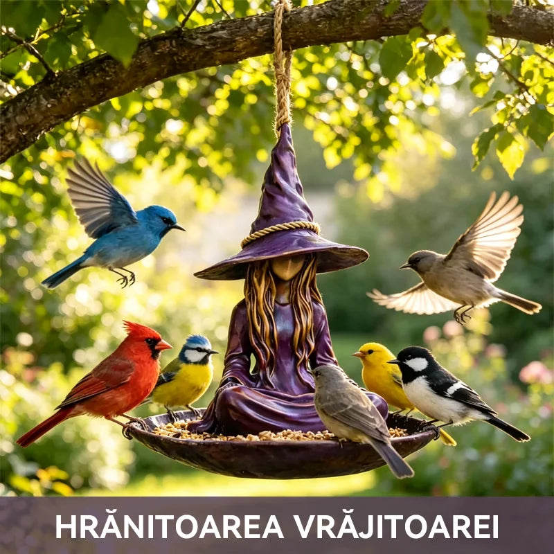Závesné kŕmidlo pre vtáky „Meditujúca čarodejnica“, kreatívna a magická dekorácia do záhrady, na terasu a do dvora, odolný materiál