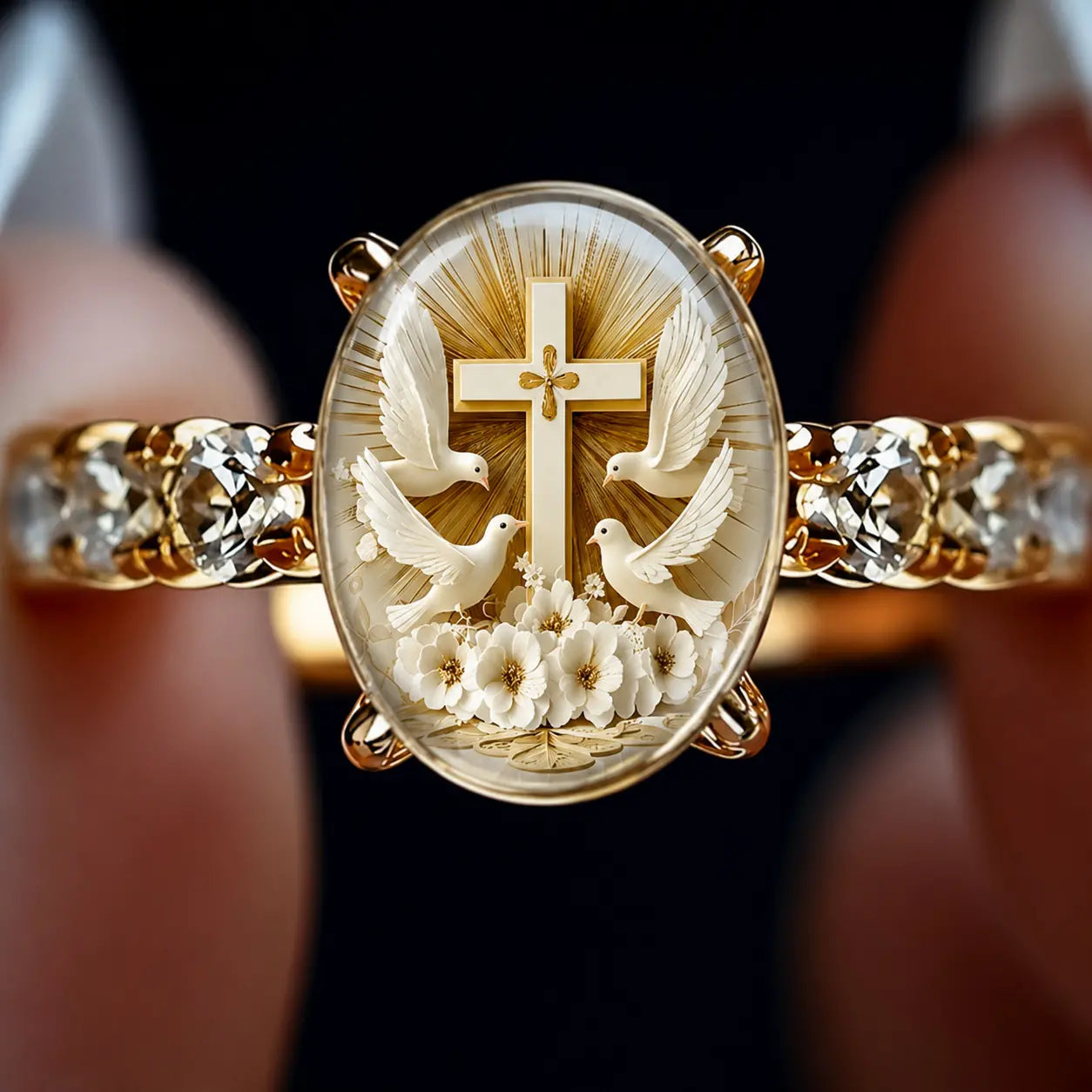 💍 【2 termék—8100 Ft】Aranyszínű, ovális kristályos Szűz Mária-gyűrű