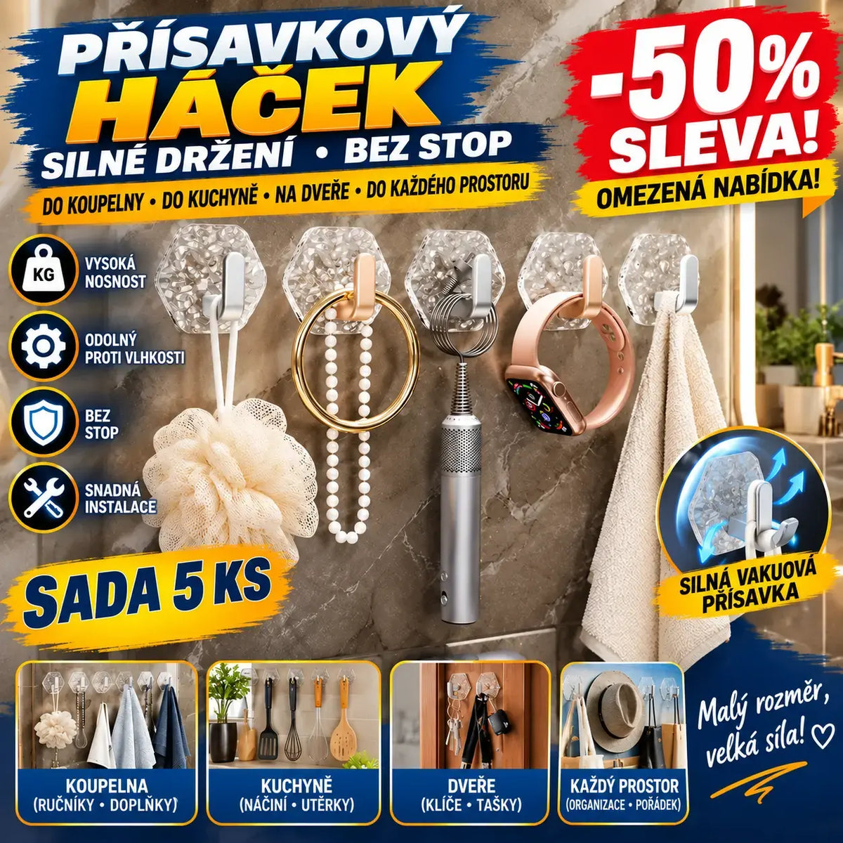 【10 typov】🛁🚪Háčik s prísavkou — Vysoko odolný, inštalácia pomocou lepidla nezanechávajúceho stopy.🏡