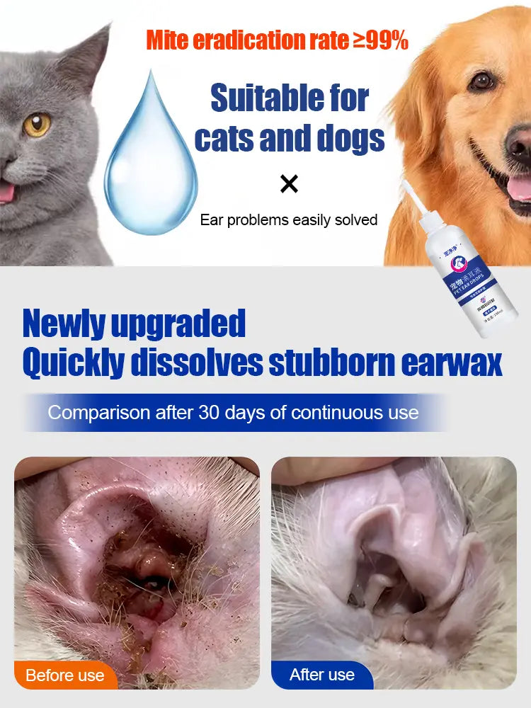 🐶🐱 Univerzális fülcsepp kutyák és macskák számára – Eltávolítja a fülrüh-atkát, tisztítja a hallójáratot, gátolja a baktériumok szaporodását és megszünteti a kellemetlen szagokat.