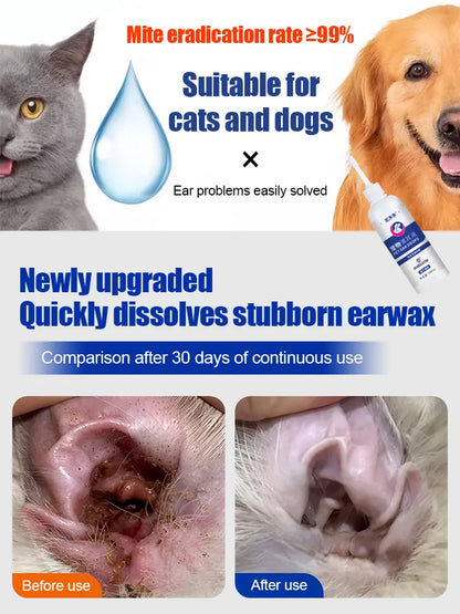 🐶🐱 Univerzális fülcsepp kutyák és macskák számára – Eltávolítja a fülrüh-atkát, tisztítja a hallójáratot, gátolja a baktériumok szaporodását és megszünteti a kellemetlen szagokat.