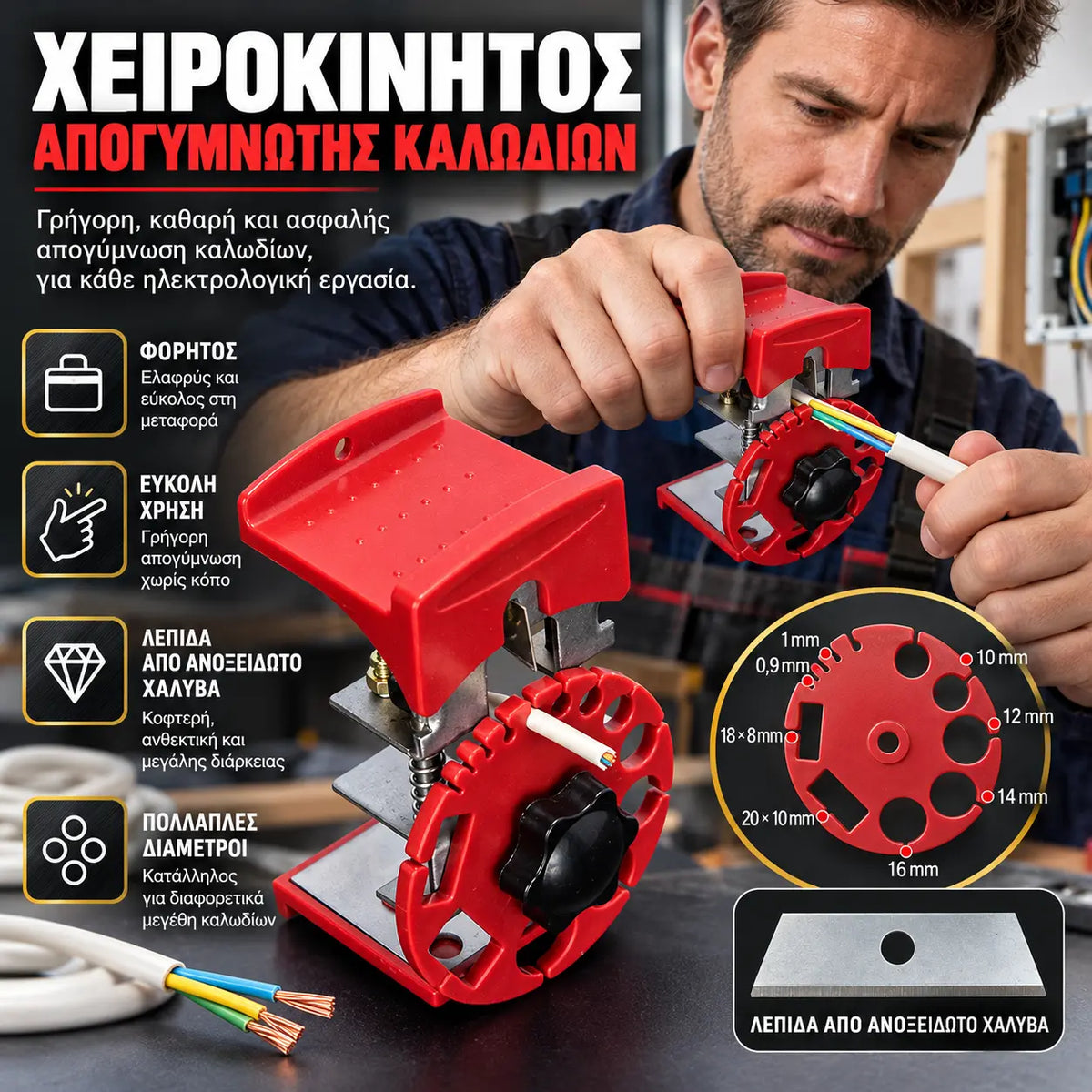 【Specifikációk + Penge】8900 Ft🔧 Univerzális kéziszerszám a gyors kábelcsupaszításhoz — hordozható és ideális otthoni használatra.