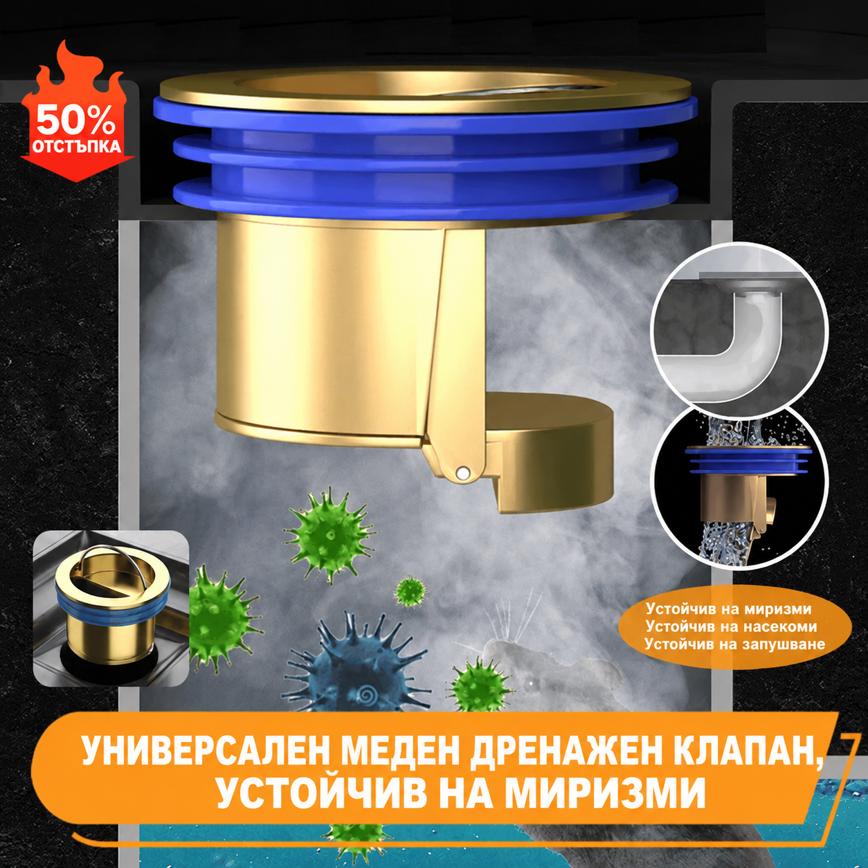 🔥 Универсален месингов подов сифон с анти-миризма дезодорираща сърцевина 🚿✨