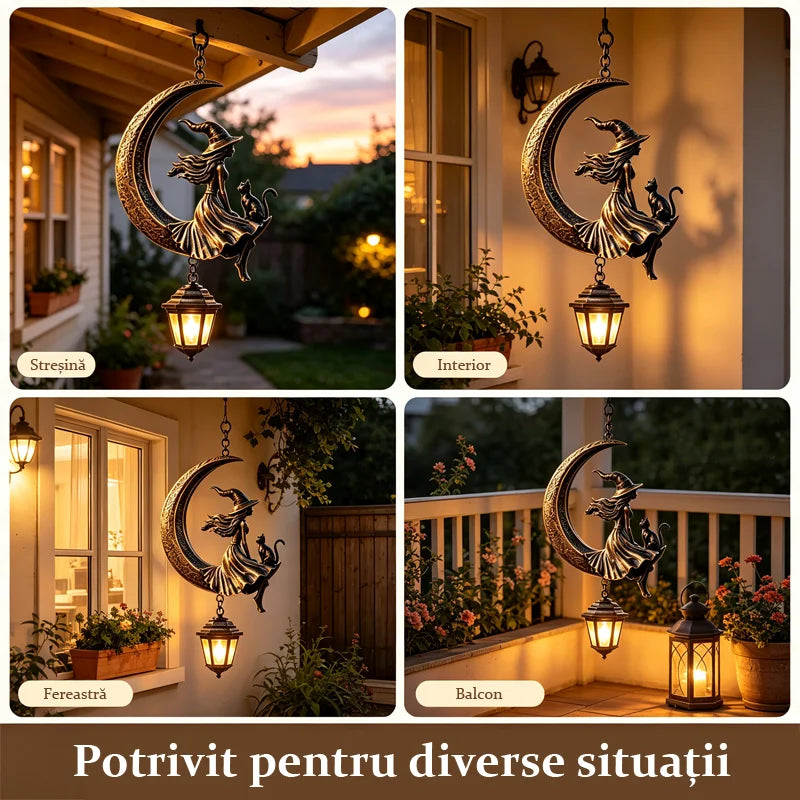 Függesztett kerti lámpa boszorkány és macska motívummal a Holdon – vintage stílusú, LED lámpával, vízálló.