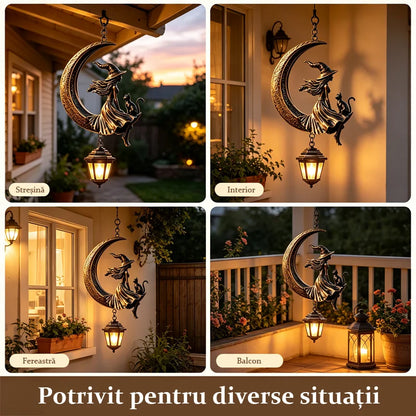 Függesztett kerti lámpa boszorkány és macska motívummal a Holdon – vintage stílusú, LED lámpával, vízálló.