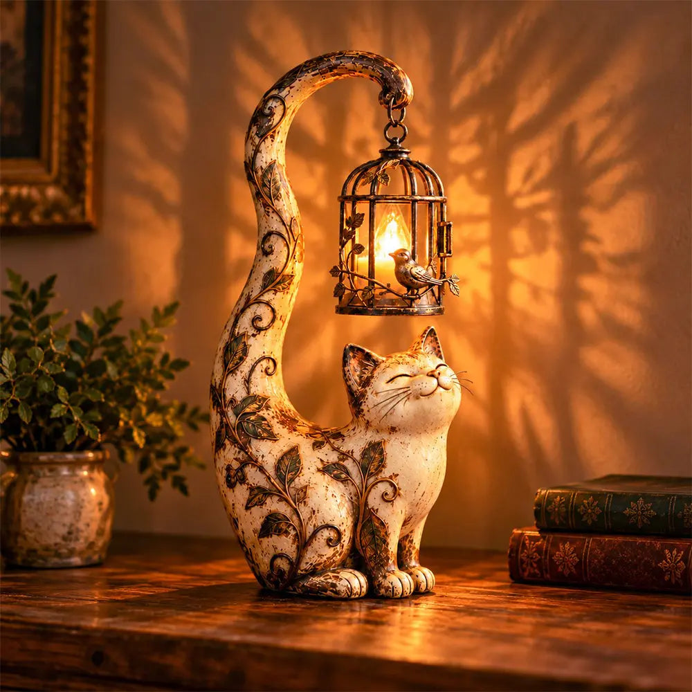 🐱💡Vintage stílusú éjszakai fény – macska madárkalitkával – kreatív kerti dekoráció