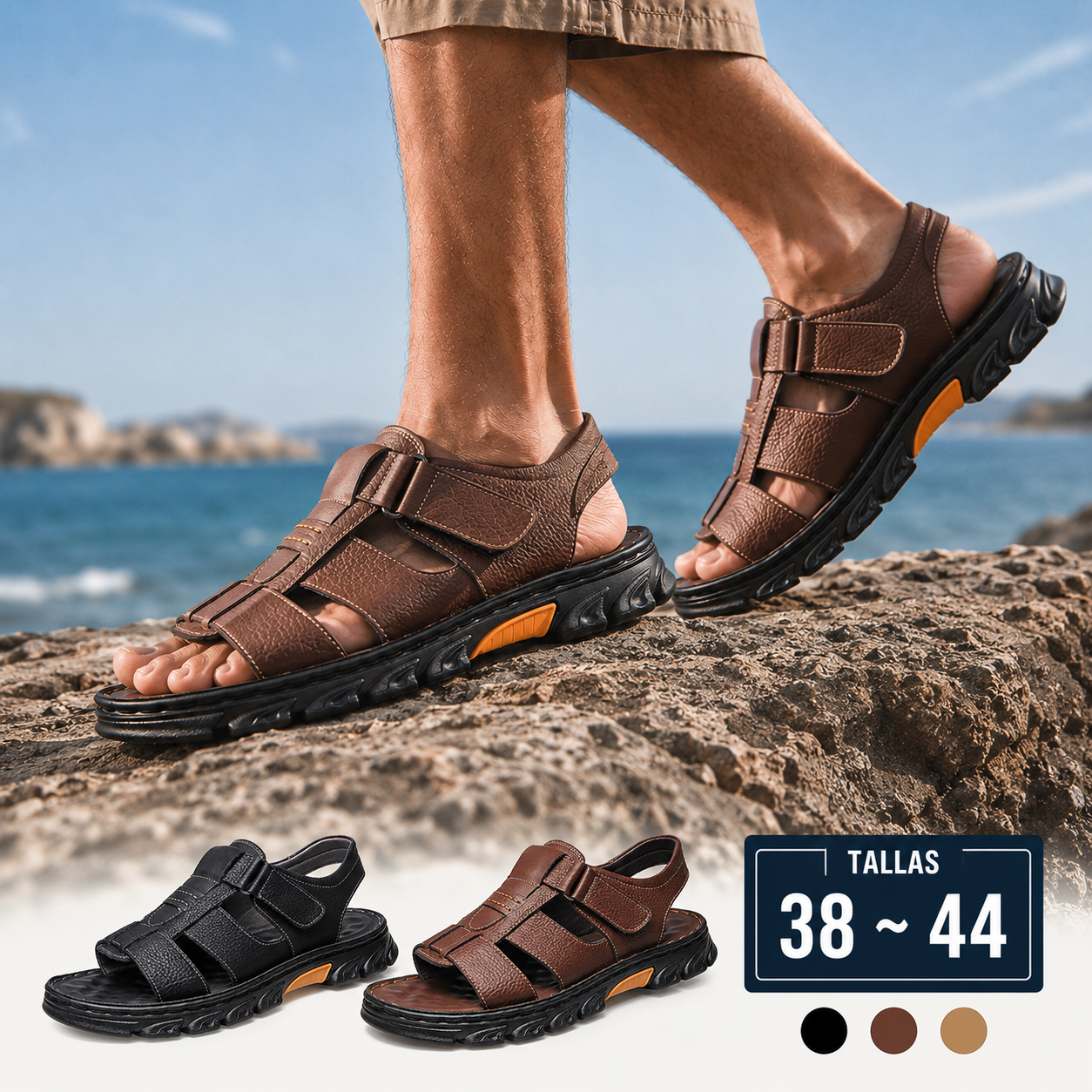 🔥👟 (50 % POPUSTA)【Velikost 38 ~ 44】 Ročno izdelani sandali za na plažo iz mehkega usnja, nedrseči, za moške