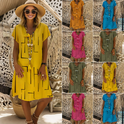 【🏆45% OFF】👗【S-5XL】Potištěné bavlněné šaty s výstřihem do V
