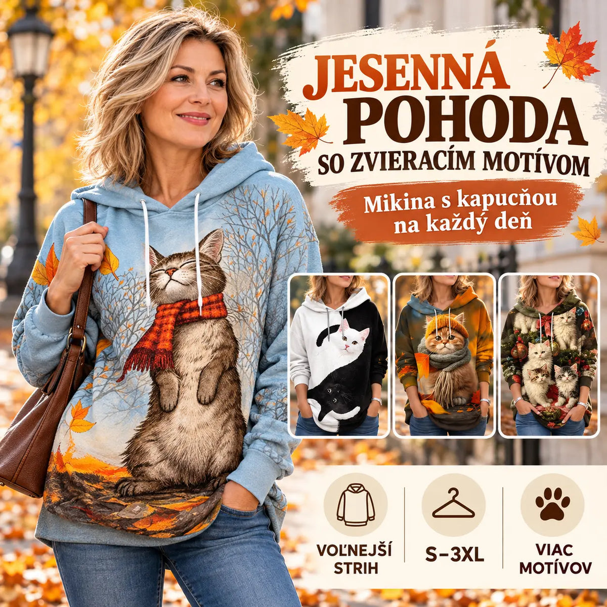 🐱🧥✨【1 kus, S–3XL】Dámska mikina s kapucňou a 3D potlačou mačky – mäkká, pohodlná a vhodná na každý deň.