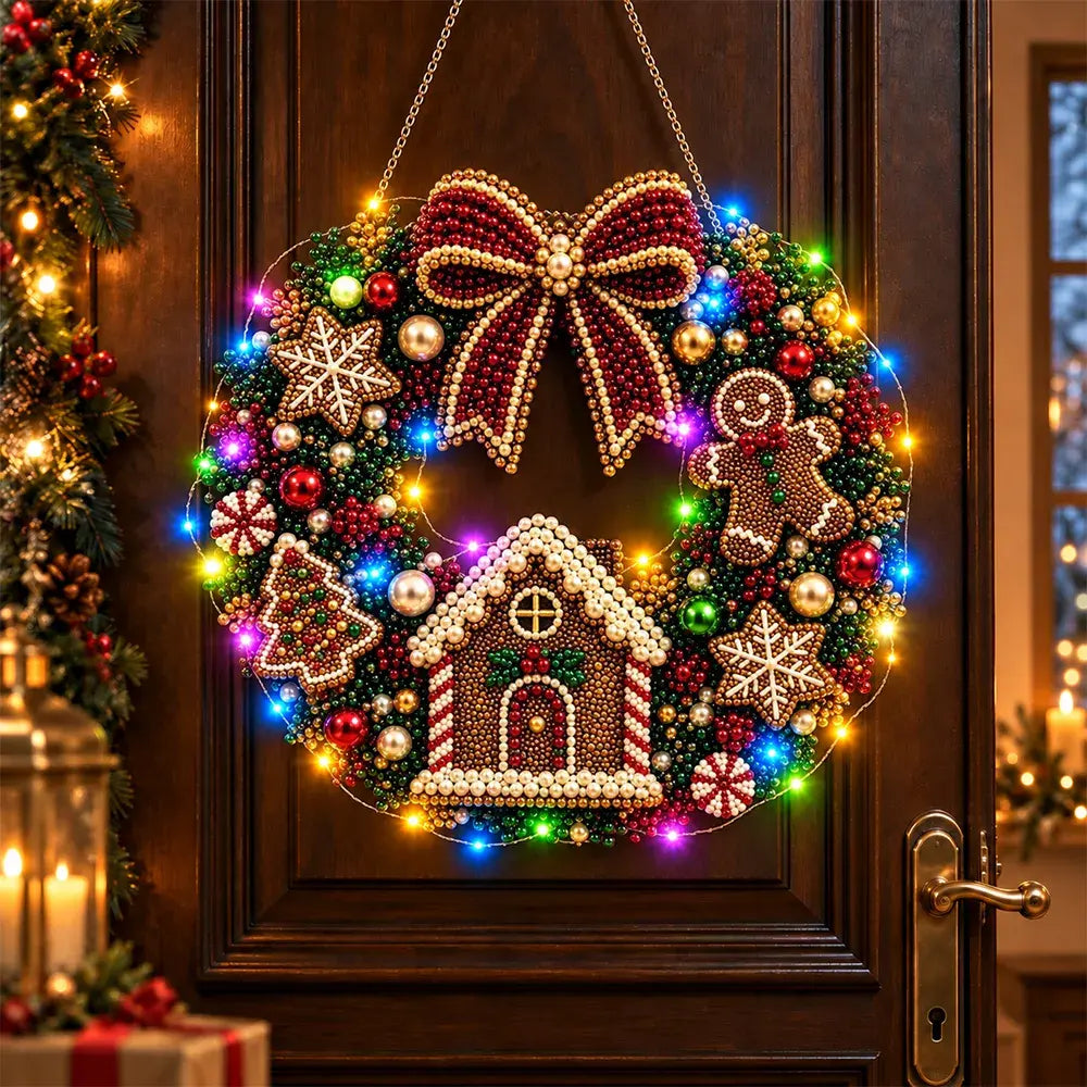 🎄💎 Vianočný veniec DIY s diamantmi, perlami a LED svetlami – 9 štýlov, akrylová doska, jednoduché tvorenie.