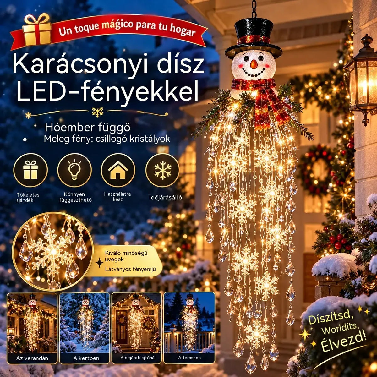 🔥 MA 50% KEDVEZMÉNY 🎅 Függeszthető karácsonyi hópehely és kristály LED-fény | Varázslatos fény a verandára ✨