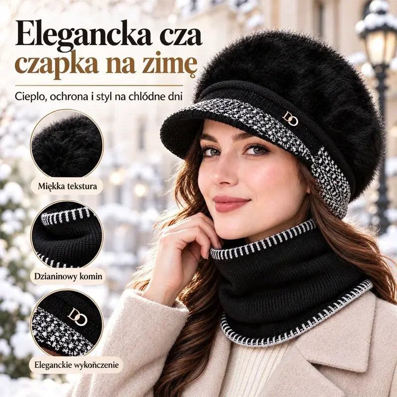 ❄️Štýlový dvojdielny zimný outfit: baseballová čiapka zo zmesi králičej kožušiny s klapkami na uši + pletený šál!