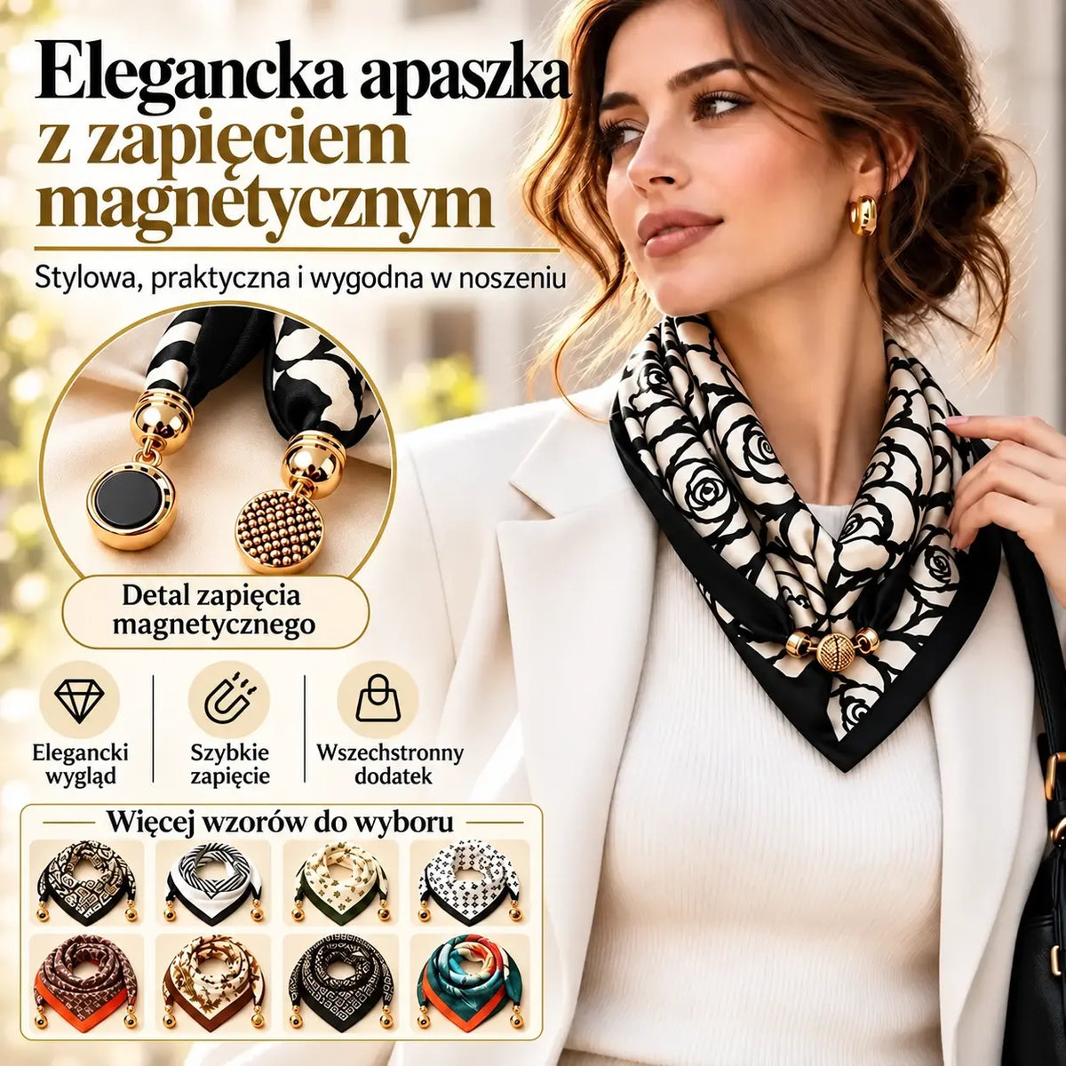 ✨【Zestaw 4 szt.】Eleganckie apaszki damskie z zapięciem magnetycznym – modne wzory, łatwe zakładanie bez wiązania