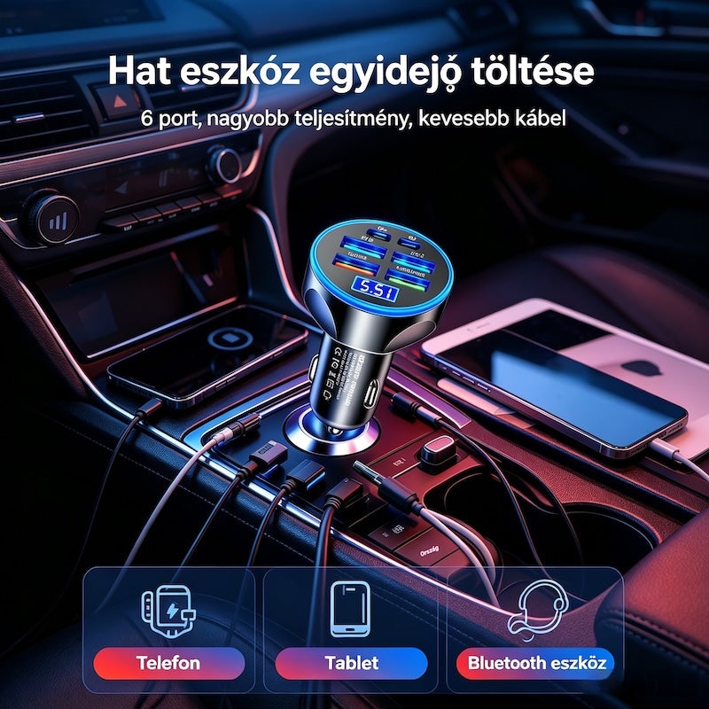 🚗🔋2026 Új 6 portos digitális kijelzős szupergyors töltésű, 66 W-os autós töltő
