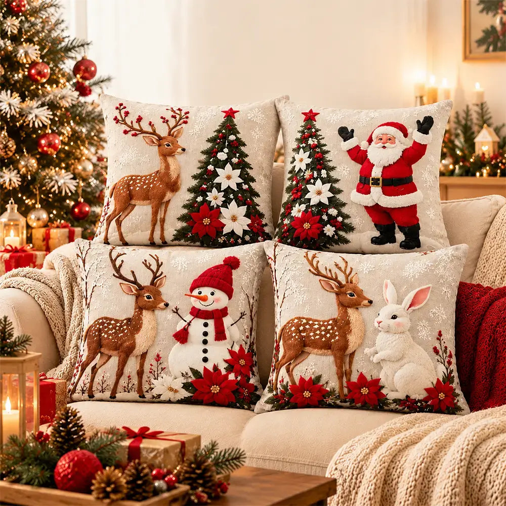 🎅【4 darabos szett】☃️ Karácsonyi párnahuzat Mikulással, hóemberrel, rénszarvassal és fával, ünnepi dekoráció kanapéra, hálószobába és nappaliba, azonnal meghitt hangulatot teremt 🎄✨