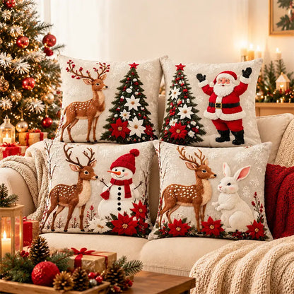 🎅【4 darabos szett】☃️ Karácsonyi párnahuzat Mikulással, hóemberrel, rénszarvassal és fával, ünnepi dekoráció kanapéra, hálószobába és nappaliba, azonnal meghitt hangulatot teremt 🎄✨