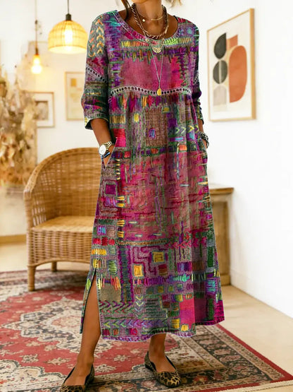 【S-5XL】Boemska maksi obleka z etničnim potiskom patchwork