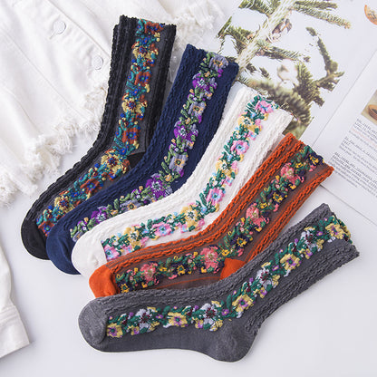 💐【5 párov】🧦Nové skrútené retro kvetinové bavlnené dlhé ponožky na jeseň a zimu