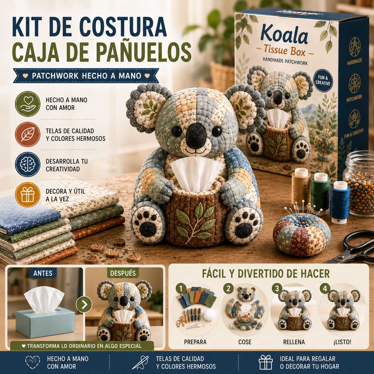 🧵🐨 Állatos mintás papírzsebkendő-tartó doboz barkácskészlet – 3D-s anyagból készült kézműves készlet, ideális kezdőknek 🎁✨