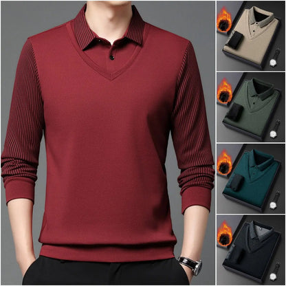 【M-4XL】 👔 Pánske polo tričko s dlhým rukávom v štýle „2 v 1“ · Zateplené podšívkou · Elegantný dizajn s klasickým golierom a pruhovanými rukávmi · Vhodné na bežné nosenie aj do práce!