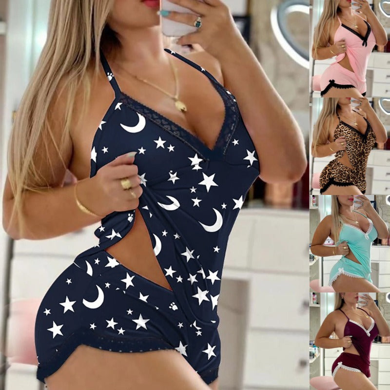 💥🎀Комплект от потник с дантела + къси панталони, ежедневен домашен комплект