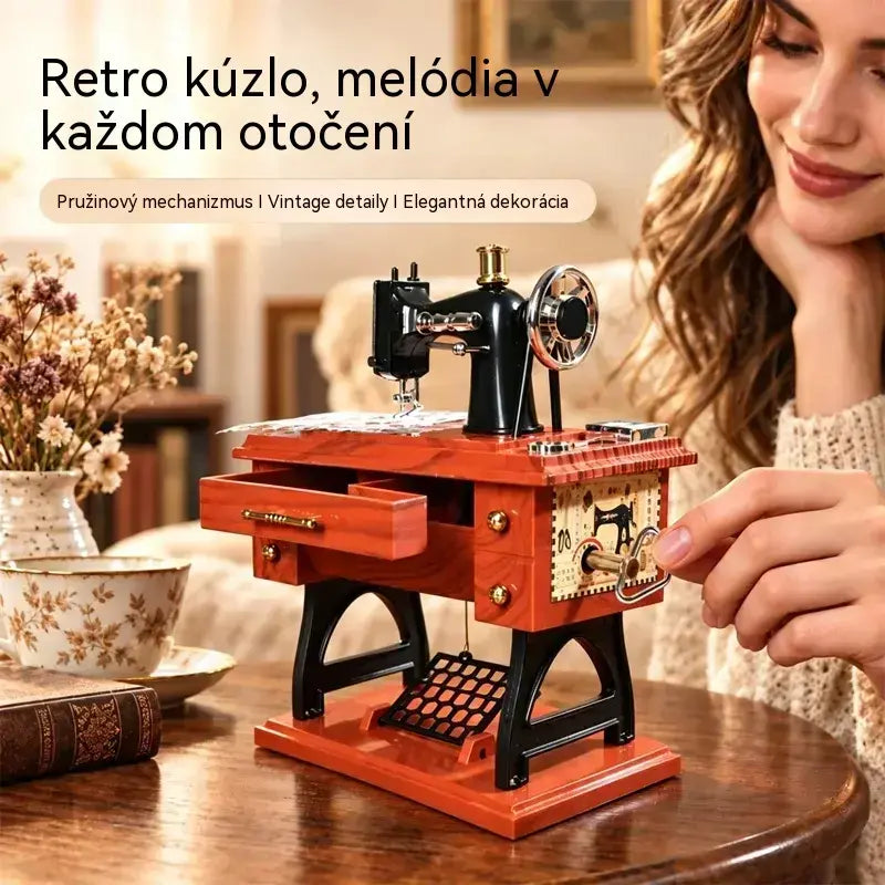 🎵✨ Drevená hracia skrinka v štýle vintage šijacieho stroja | Stolová dekorácia s naťahovacím mechanizmom | Retro darček 🧵