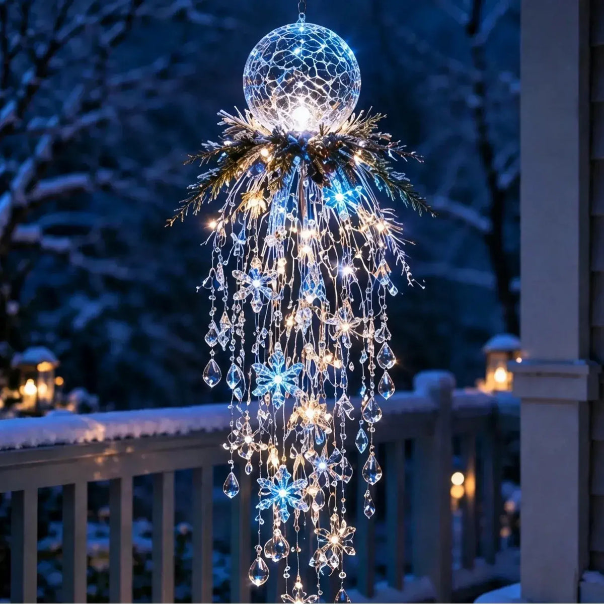 🔥 Dnes zľava 50 % 🎅 Závesná vianočná vločka s kryštálmi a LED svetlom | Čarovná žiara na verandu ✨