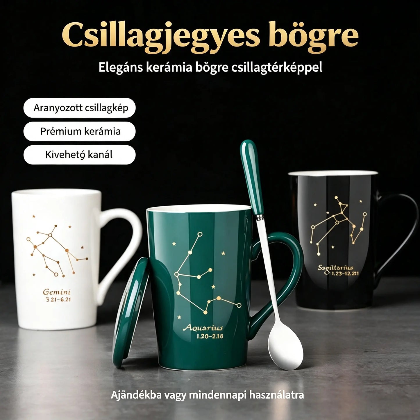 【🔥Hot Eladó】Tizenkét csillagkép sorozatú bögre tetővel és kanállal, ajándékdobozban, nagy kapacitású kulacs