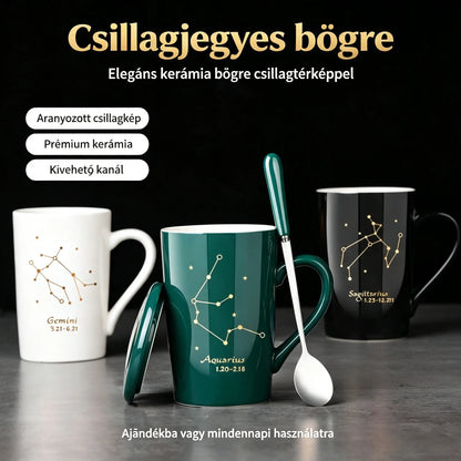 【🔥Hot Eladó】Tizenkét csillagkép sorozatú bögre tetővel és kanállal, ajándékdobozban, nagy kapacitású kulacs