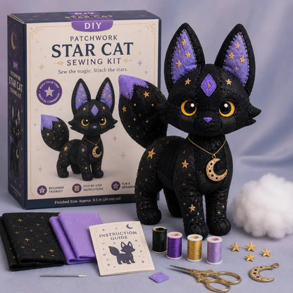 🔥UTÓS NAP 50% KEDVEZMÉNY - 🐱Misztikus Patchwork Állatos Varrókészlet – Saját Készítésű Plüss Készlet Csillagos Anyaggal, Hold Medállal