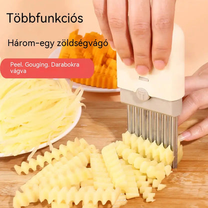 🔥🏠【2 darab】3 az 1-ben multifunkciós hámozó gyümölcsökhöz és zöldségekhez, burgonya aprítására és szeletelésére a konyhában.