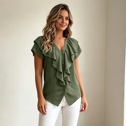 Elegantná letná blúzka pre ženy s výstrihom do V – ležérna košeľa s volánikmi a gombíkmi, mäkký, priedušný a chladivý materiál