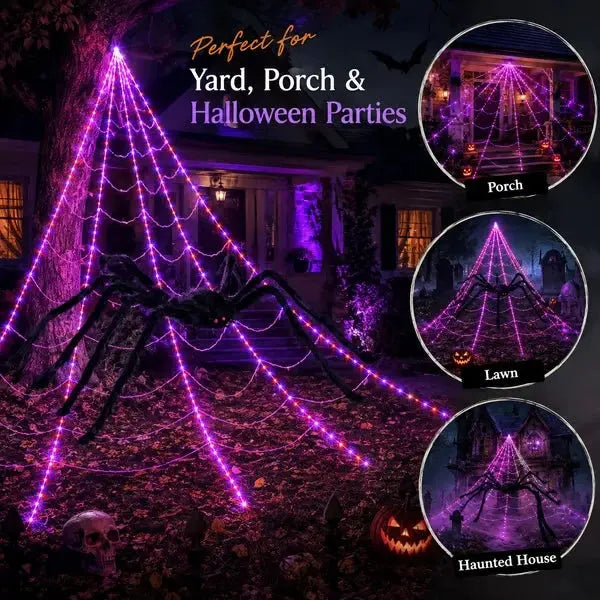 Halloween LED pókháló fények és óriás fekete pók dekoráció | 250 LED, 8 üzemmód, távirányító mellékelve