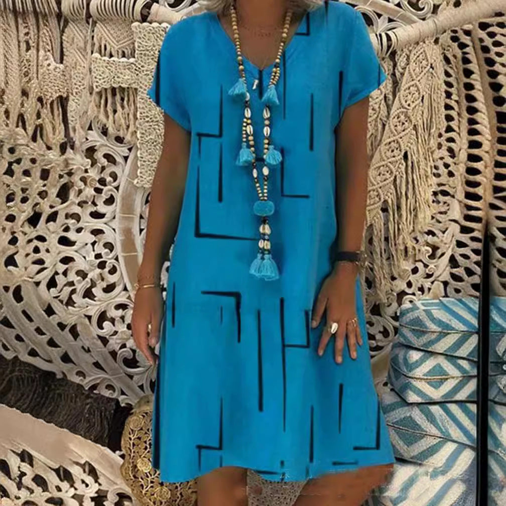 【🏆45% OFF】👗【S-5XL】Potištěné bavlněné šaty s výstřihem do V