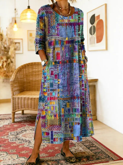 【S-5XL】Boemska maksi obleka z etničnim potiskom patchwork