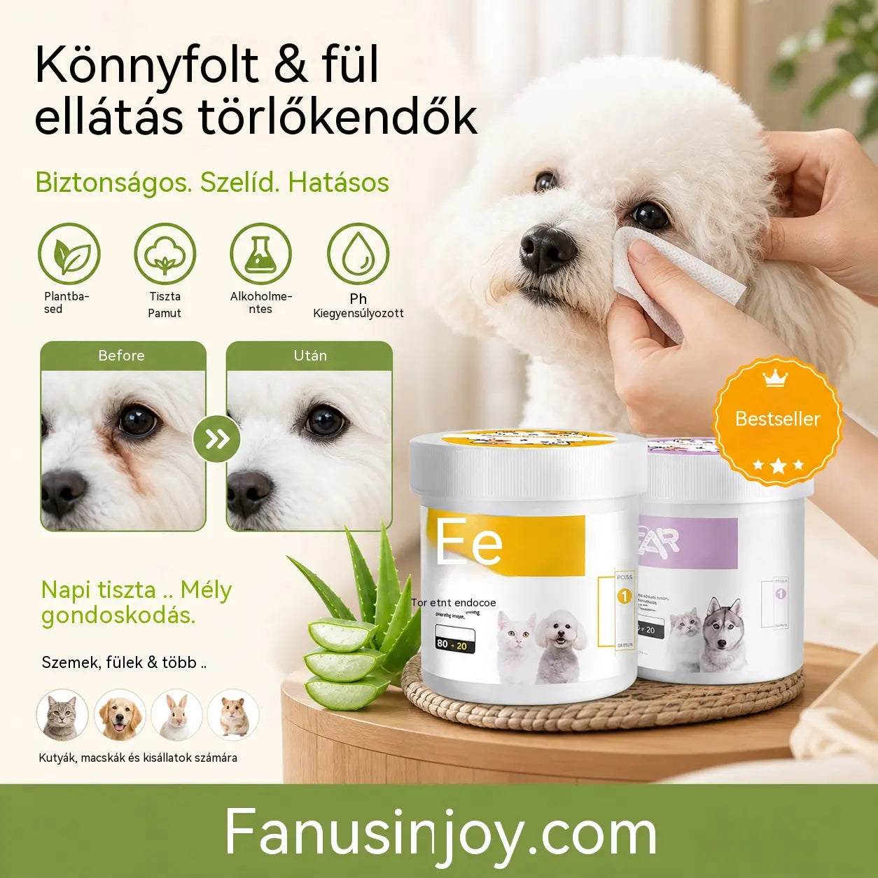 Több mint 50 000 eladott darab! 🐾🌿 50% kedvezmény! Természetes, növényi alapú kisállat törlőkendők – gyengéden eltávolítja a könnyfoltokat és a fülzsírt. Biztonságosan használható mindennapi használatra! 🧻✨