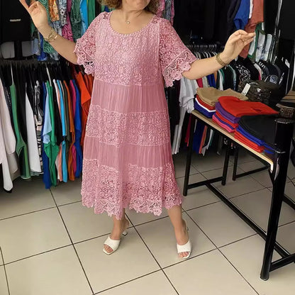 🔥【50% KEDVEZMÉNY】✨✨✨【S-5XL】2026Új ruha rövid ujjúval, kerek nyakkivágással és csipkével.