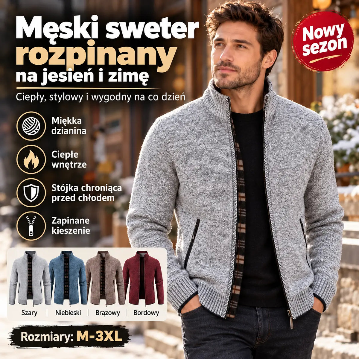 1 sztuka 149 zł🔥【M-3XL】Męski, swobodny, polarowy sweter rozpinany