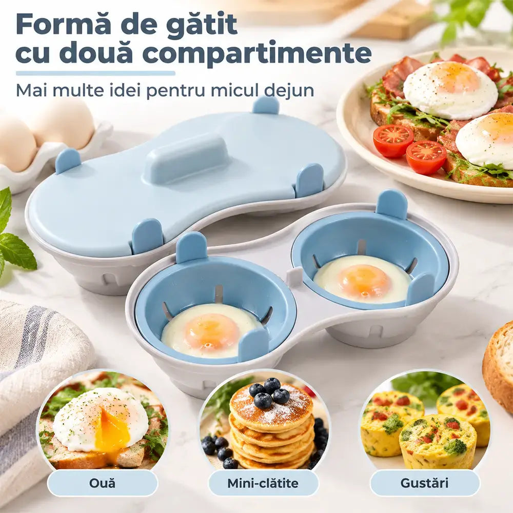 🍳 Mikrohullámú tojásfőző (2 rekeszes) · Készíts gyorsan főtt tojást és reggelit · Kompakt kialakítás, beépített vízelvezetővel · 3 színben kapható!