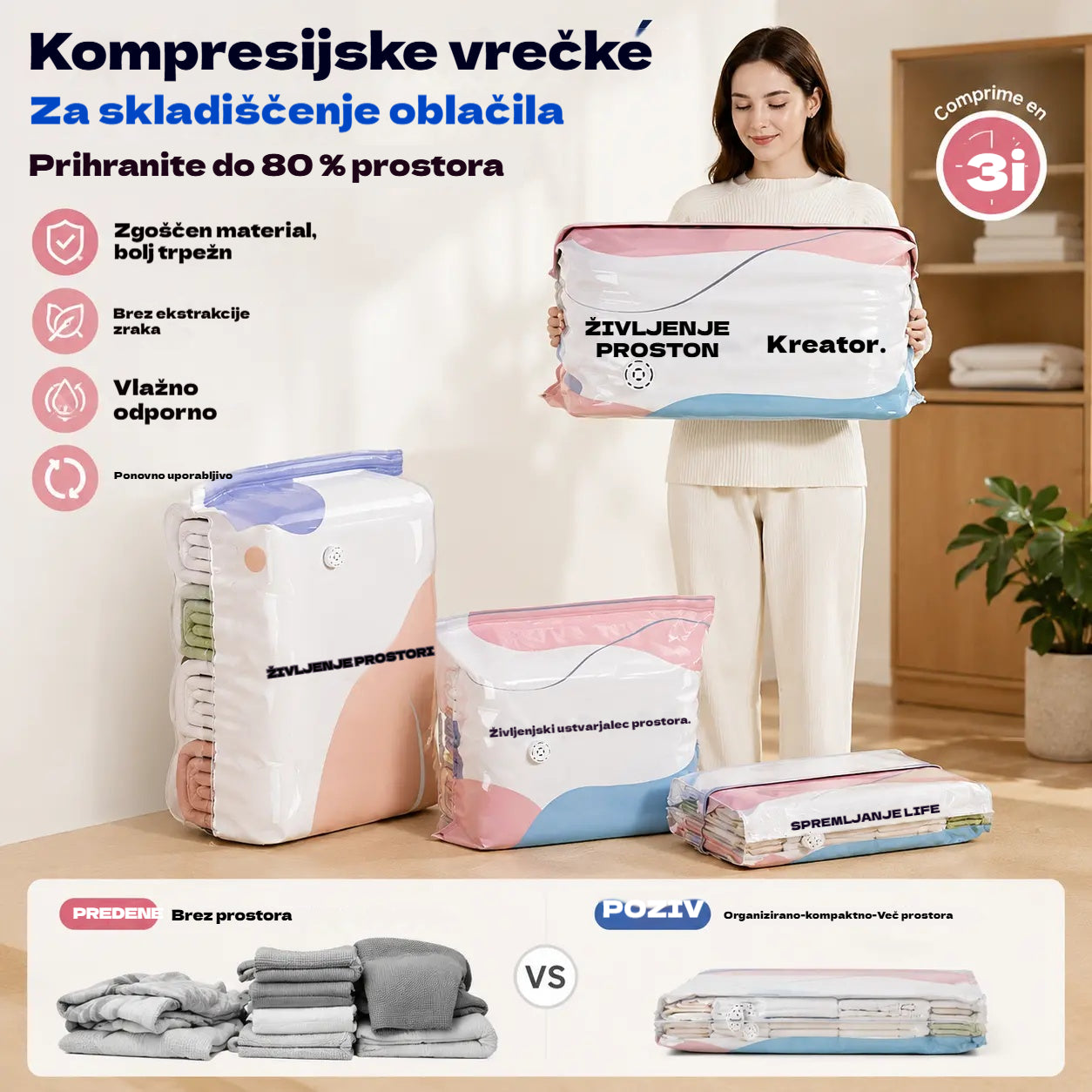 👕📦【5 kosov 25 EUR】Kompresijske vrečke za shranjevanje oblačil, brez potrebe po vakuumu, ojačana zasnova.