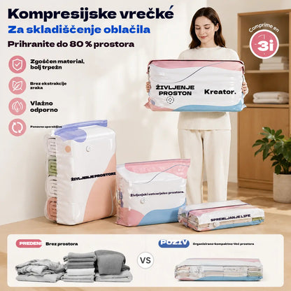 👕📦【5 kosov 25 EUR】Kompresijske vrečke za shranjevanje oblačil, brez potrebe po vakuumu, ojačana zasnova.