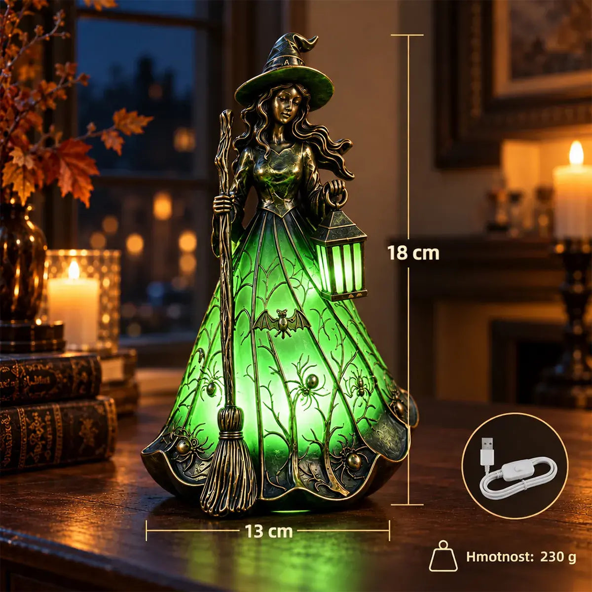 🧙🎃 Halloweeni dekoratív fénydekoráció gyantából, boszorkánymotívummal