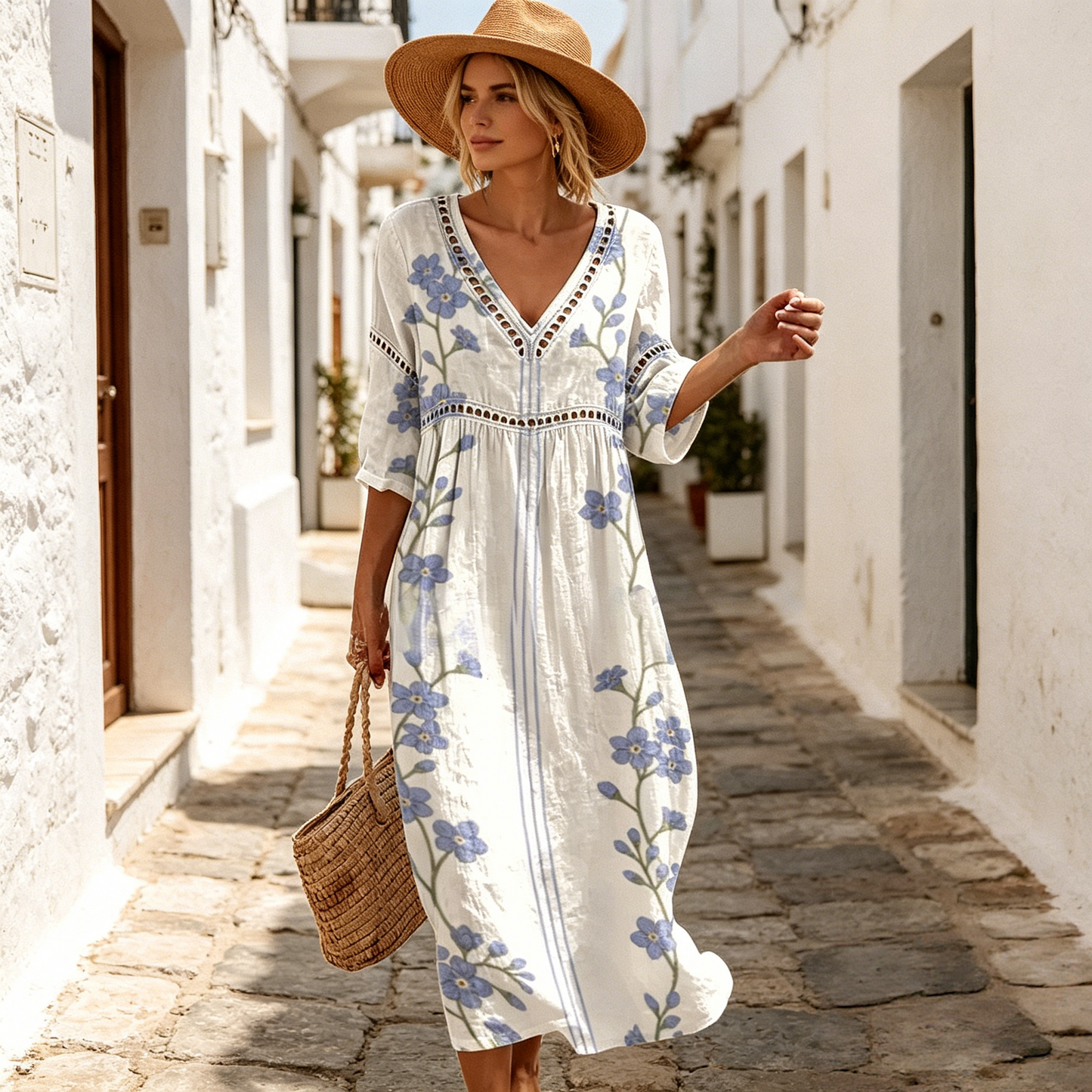 👗【S-3XL】Ženska dolga obleka iz bombaža in lana s potiskom - poletni stil, V-izrez