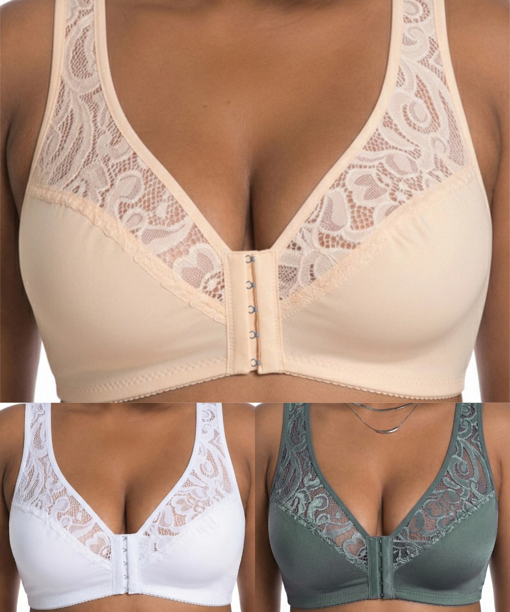 💖【3-dielna sada】Najnižšia cena vôbec【L-4XL】😍🩲Podprsenka s push-up strihom pre väčšie veľkosti, krásna čipka, push-up a vyklenutý dizajn, zapínanie vpredu